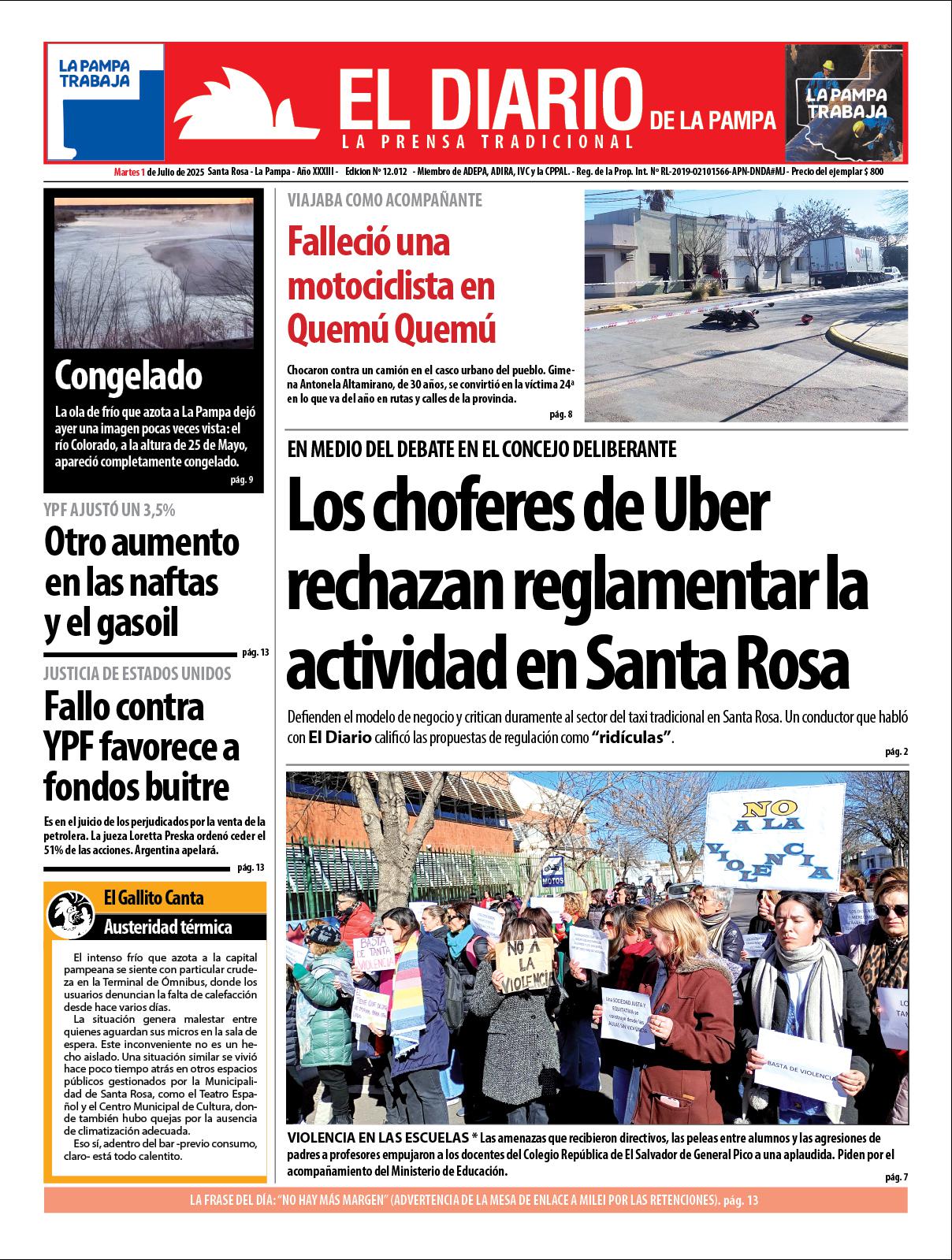Tapa de El Diario en papel  martes 01 de julio de 2025